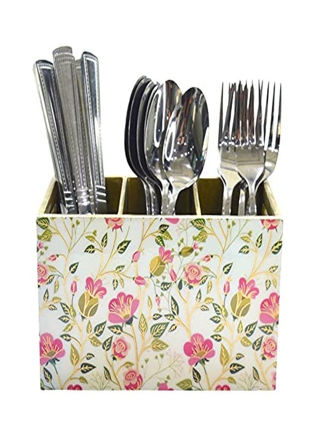 Tranquil Square | Handcrafted | Premium Finish | Pistacio Glossy Floral Marble Finish Three Rack Wooden Cutlery Stand - Image 1